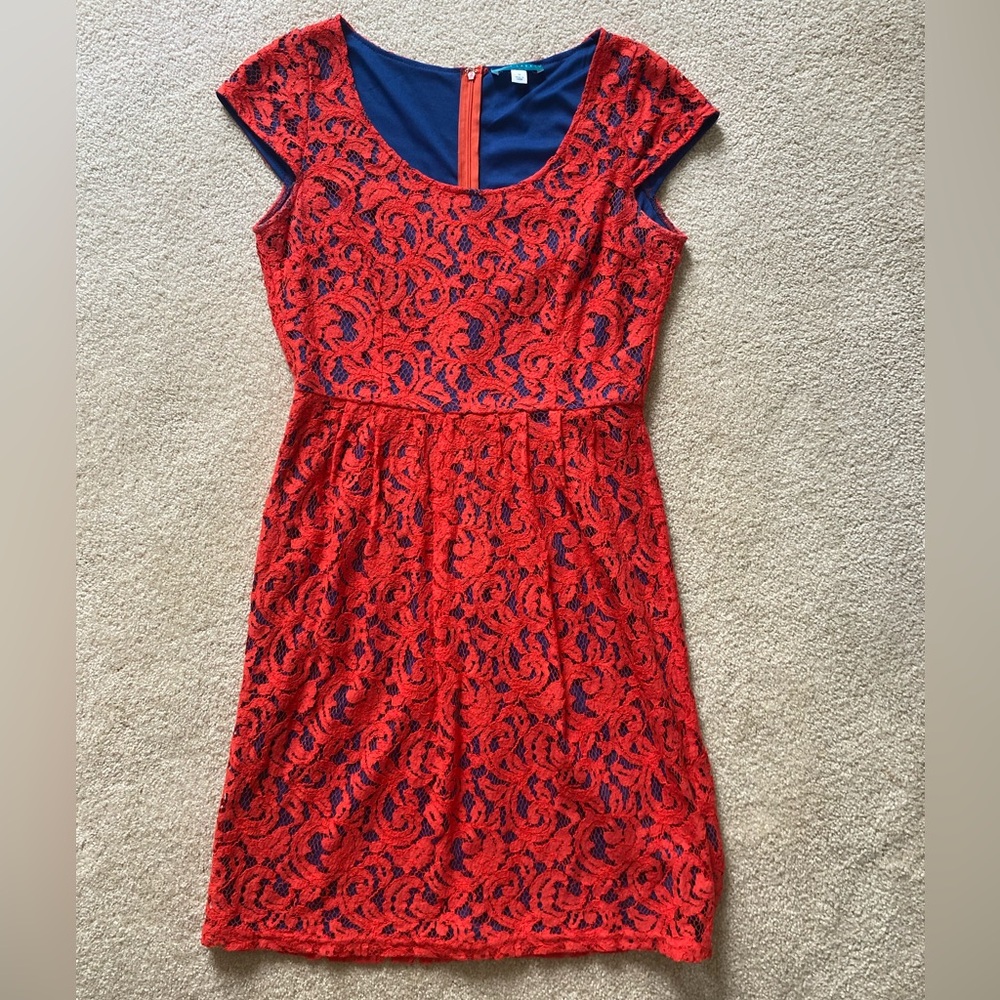 Red and Navy Lace A-Line Dress with Cap Sleeves